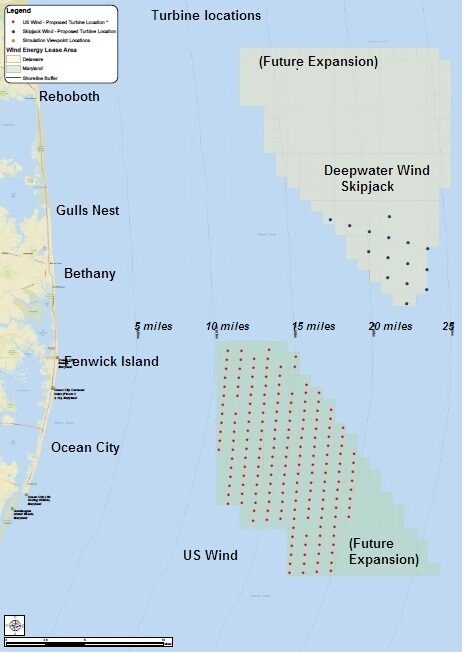 Map of the U.S. Wind and Skipjack lease areas off Ocean City, Fenwick Island, Bethany and Rehoboth